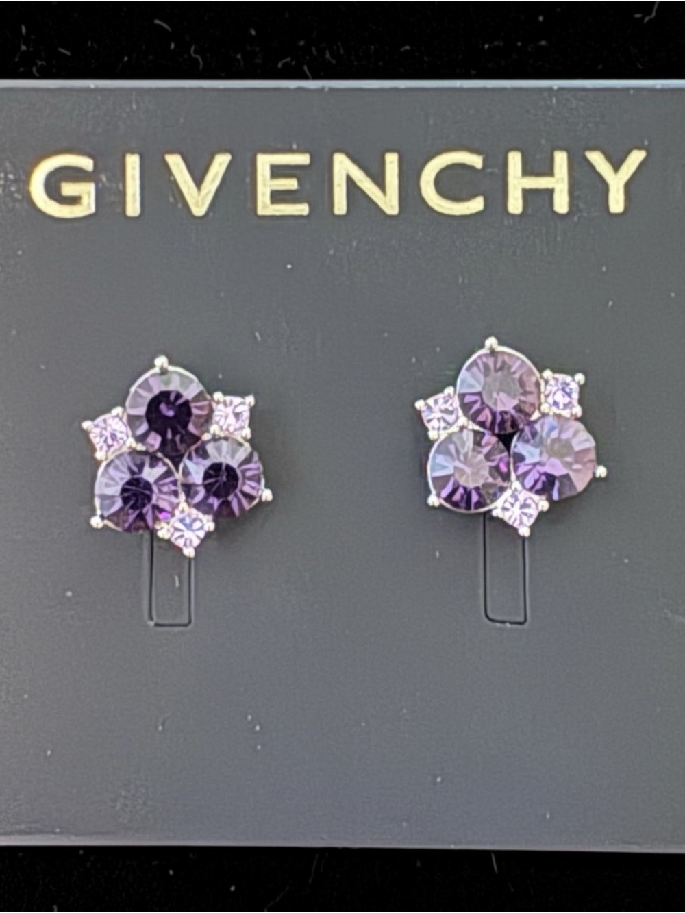 Givenchy Purple Crystal Cluster Stud Earrings Silver Tone NWT